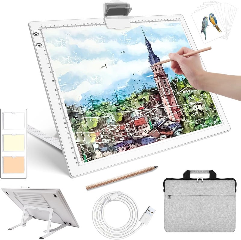 Zocelight Rechargeable A3 Diamond Art Light Board with Padded Case,Light Pad with Stand,3 Colors Stepless Dimmable and 6 Levels of Brightness Light Box for tracing,Diamond Painting,Drawing,Sketching(White) - Image 1